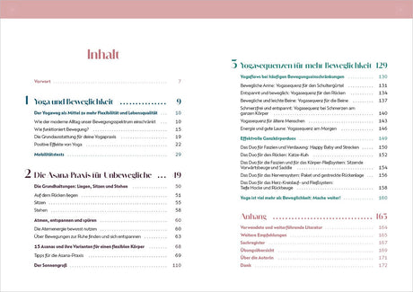 Inhaltsverzeichnis mit Kapiteln zu Yoga, Beweglichkeit, Asana-Praxis, Yoga-Sequenzen, Ganzkörperübungen und Anhängen.