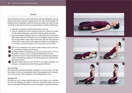 Frau in Yoga-Positionen auf Matte, mit Kissen und Blöcken, in verschiedenen Sitz- und Liegehaltungen.