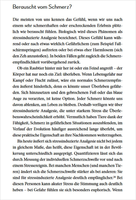 Textabschnitt über Schmerzempfindlichkeit, Stressinduzierte Analgesie und Tierverhalten bei Gefahr.