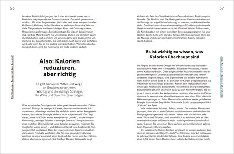 Zwei Buchseiten mit Text über Kalorien, Ernährung und Diäten, Überschrift: "Also: Kalorien reduzieren, aber richtig".