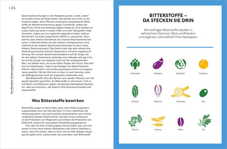 Seite mit Text über Bitterstoffe und eine Tabelle mit bunten Illustrationen verschiedener bitterstoffhaltiger Lebensmittel.