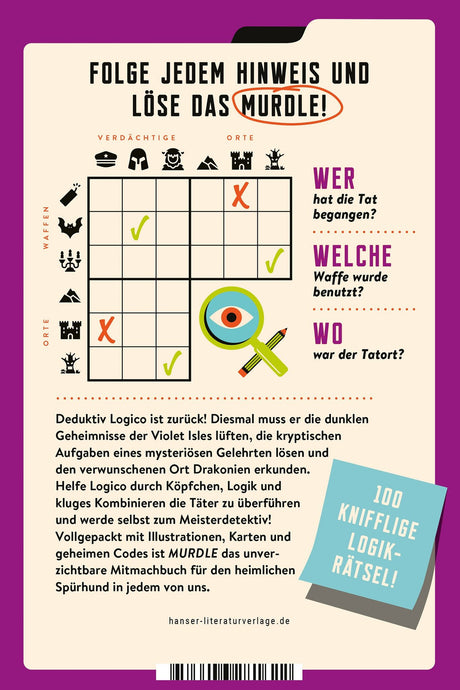 Cover eines Rätselbuchs mit dem Titel "Folge jedem Hinweis und löse das MURDLE!"