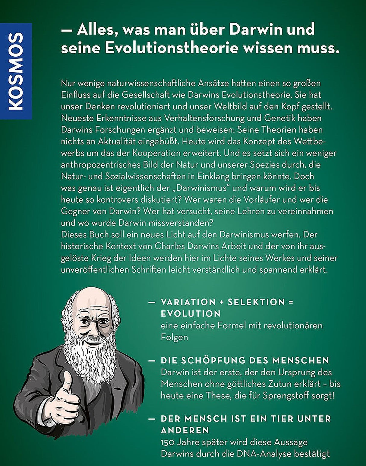 Illustration eines älteren Mannes mit Bart, der Daumen hoch zeigt, neben Text über Darwin und Evolution.