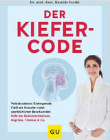 Buchcover mit Titel "Der Kiefer-Code", Bild einer lächelnden Frau in Weiß und einer Illustration des Kiefers und Gehirns.