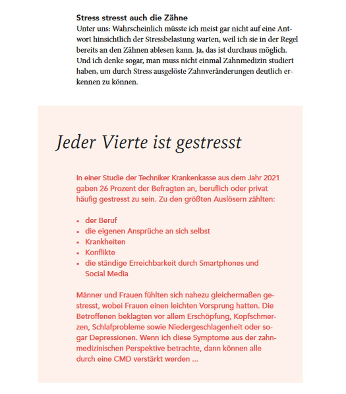 Seitenabschnitt mit Text über Stress und Zähne, Überschrift "Jeder Vierte ist gestresst" in schwarzer Schrift, roter Text im Fließ