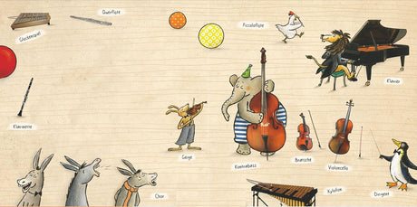 Verschiedene Tiere und Musikinstrumente, darunter eine Maus mit Geige, ein Elefant mit Kontrabass, und andere Tiere mit Instrumenten