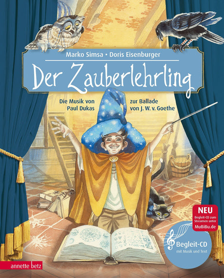 Buchcover mit Zauberer, Zauberstab, offenes Buch, Katzen, Eulen, Vorhang und Bühne.