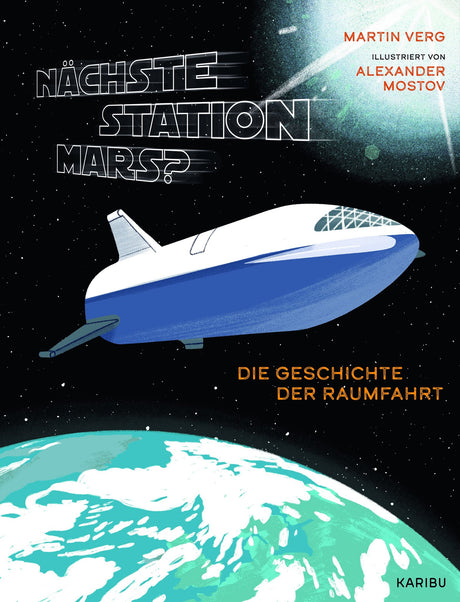 Illustration eines Raumschiffs über der Erde, mit Sternen und Sonne im Hintergrund, Titel und Autorenangaben.