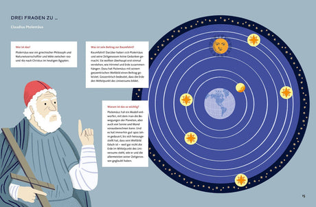 Illustration eines Ptolemäus-Models des Sonnensystems mit Erde, Sonne, Planeten und Sternen, daneben ein sitzender Mann