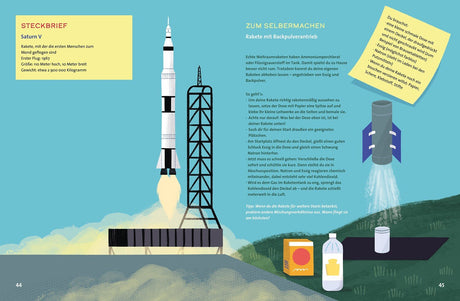 Illustration eines Raketenstarts, mit Anleitungen zum Selbermachen einer Rakete mit Backpulverantrieb.