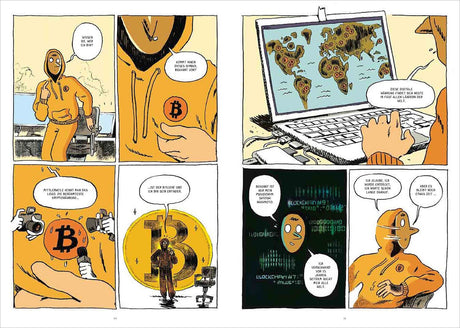 Comic-Panel mit Person in oranger Hoodie, Bitcoin-Logo, Weltkarte, Computer, und digitalem Code, erklärt Kryptowährungen