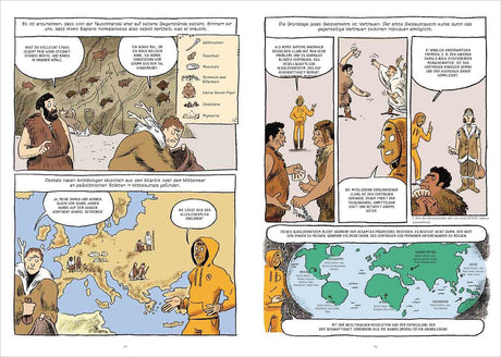 Zwei Comicseiten über die Entwicklung des Geldsystems, mit Texten, Karten und Figuren in Sprechblasen.