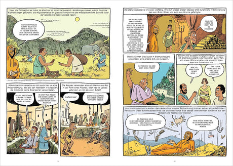 Zwei Comicseiten mit Szenen aus einer alten Zivilisation, Menschen, Tiere, Gold, Silber, Bronze und archäologische Funde.
