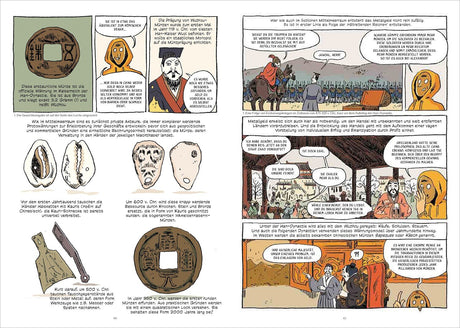 Comic-Panel mit historischen Münzen, Figuren im Gespräch, und Textinformationen über Münzgeschichte und -entwicklung.