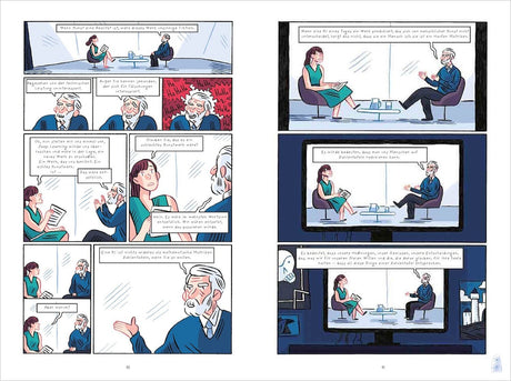 Zwei Comic-Seiten mit einem Gespräch über Kunst, künstliche Intelligenz und Zahlen, gezeigt in Panels mit Figuren und Textblasen.