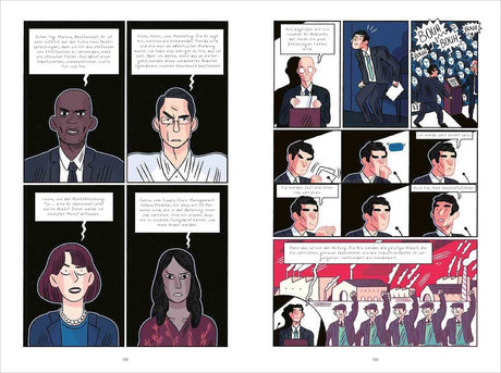 Comic-Panel mit Gesprächen, Menschen in Meetings, Protest und Fabrik, mit deutschen Texten.