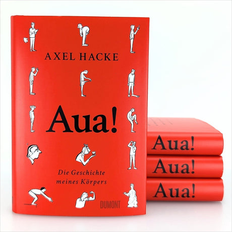 Buch mit rotem Cover, Titel "Aua!", Autor Axel Hacke, Illustrationen von Menschen in verschiedenen Posen