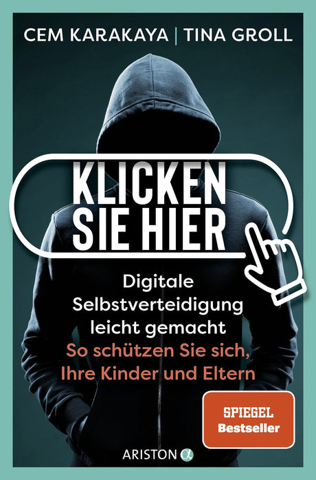 Buchcover mit einer Person in Kapuzenjacke und Kapuze, Text in weißen und roten Buchstaben, Hand-Icon, grüner Hintergrund.