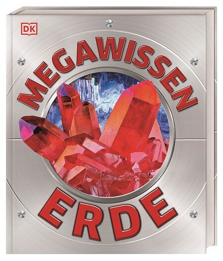 Buchcover mit rotem Kristall und der Aufschrift "MEGAWISSEN ERDE" in roten Buchstaben auf silbernem Hintergrund.