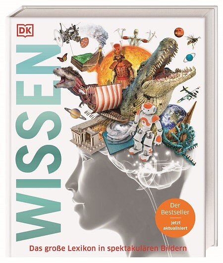 Buchcover mit einem menschlichen Kopf und einer bunten Collage aus Tieren, Wissenschaft, Geschichte und Technik im Kopfbereich.