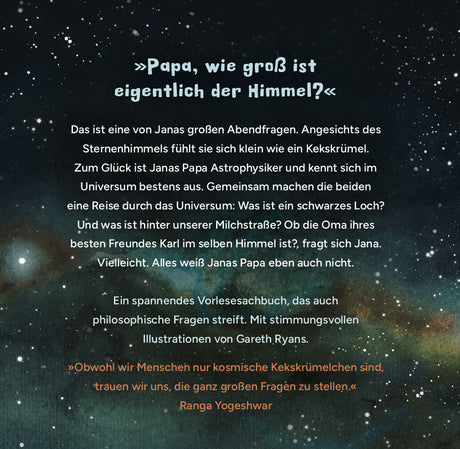 Text über das Universum, Sterne und philosophische Fragen vor einem Hintergrund mit Sternen und Galaxien.