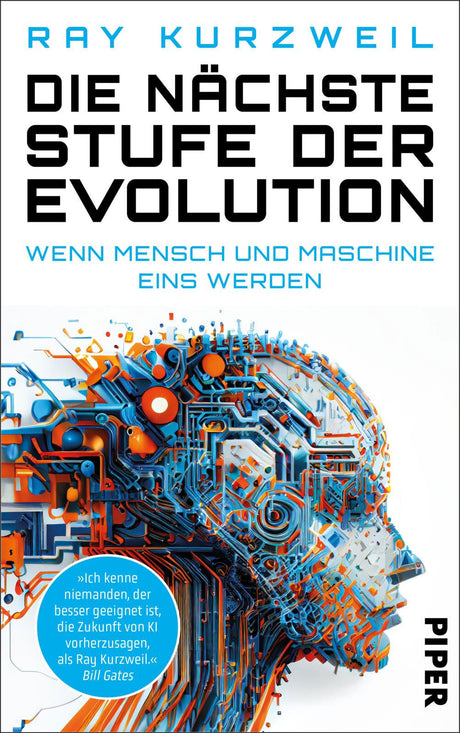 Buchcover mit einem digitalen, mechanischen Menschenkopf aus blauen, orangefarbenen und weißen Teilen.