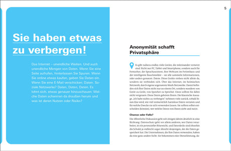 Doppelseite mit blauer Überschrift auf der linken Seite und Text auf der rechten Seite, Thema Datenschutz und Privatsphäre.