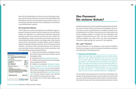 Zwei Seiten eines Buchs oder Dokuments, Titel: "Das Passwort: Ein sicherer Schutz?", Text mit Überschriften und einem Screenshot.