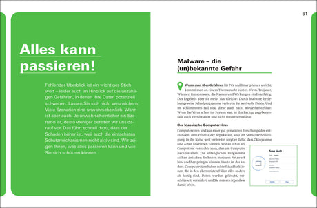 Doppelseite mit grünen Überschriften, Text in Schwarz, und einem kleinen Screenshot eines Scan-Tools.