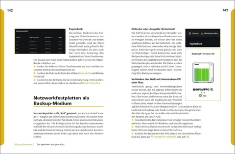 Seiten aus einem Handbuch, mit Text, Überschriften, Nummerierungen und einem Diagramm eines NAS-Systems.
