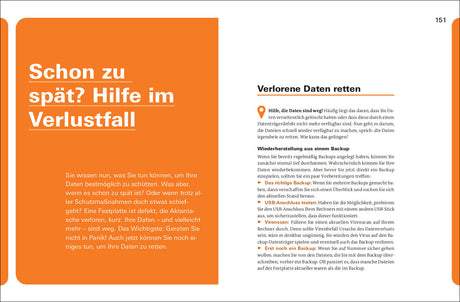 Seitenlayout mit orangefarbenem Titelblock "Schon zu spät? Hilfe im Verlustfall" und Text zu Datenrettung auf weißem Hintergrund.
