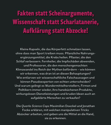 Text in pink: "Fakten statt Scheinarugmente, Wissenschaft statt Scharlatanerie, Aufklärung statt Abzocke!"