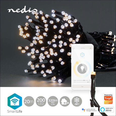 Lichterkette mit 200 LEDs, steuerbar via Smartphone-App, dimmbar, bis 20 m Reichweite, funktioniert bei -30°C.
