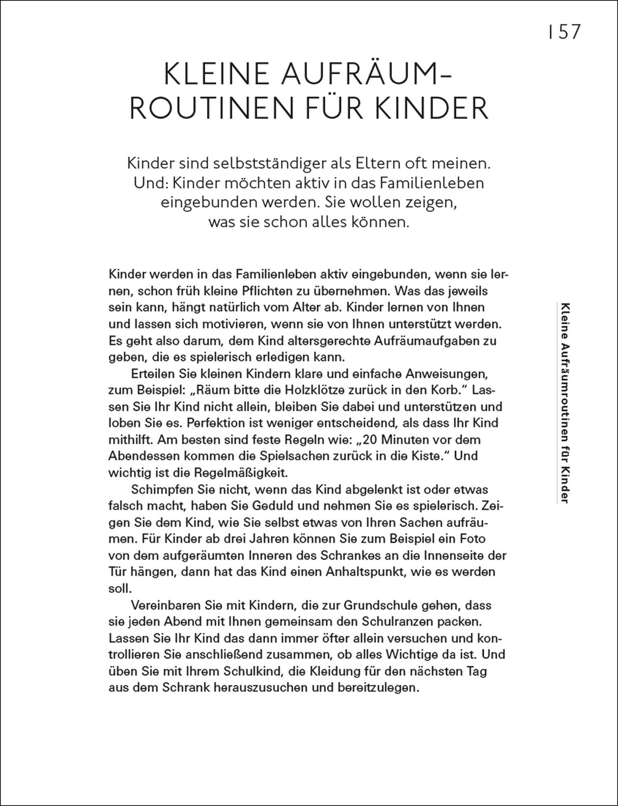 Seitenlayout mit Text über kleine Aufräumroutinen für Kinder, vertikal rechts der Titel.