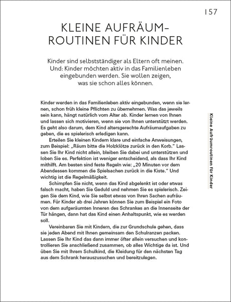 Seitenlayout mit Text über kleine Aufräumroutinen für Kinder, vertikal rechts der Titel.