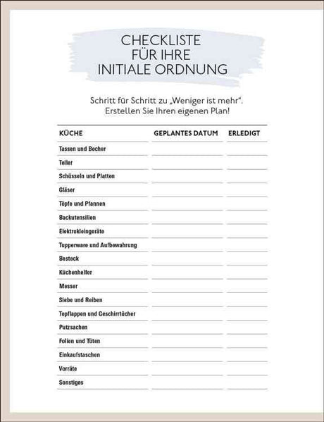 Checkliste für Kücheninitiale Ordnung mit Spalten für geplantes Datum und Erledigt.