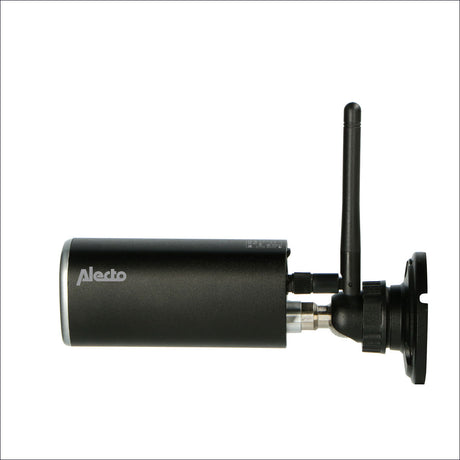 Schwarzer WLAN- oder Funk-Antennen-Adapter mit Antenne, seitlich an einem schwarzen Gehäuse befestigt.