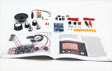 Elektronikbauteile, Lautsprecher, Kabel, Platine, LEDs, Schrauben, und eine Anleitung für den Zusammenbau eines Radios.