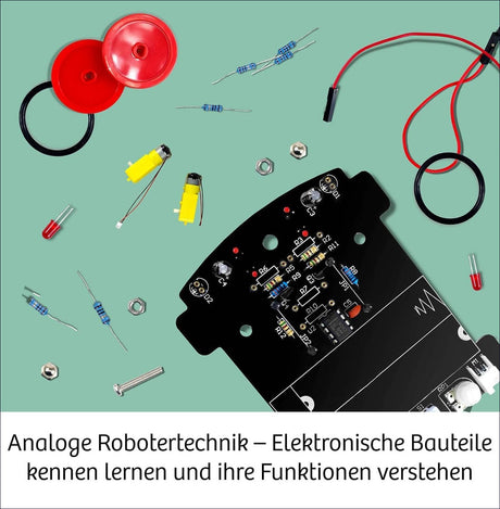 Elektronische Bauteile, Leiterplatte, Kabel, Widerstände, LEDs, Muttern, Schrauben auf grünem Hintergrund.