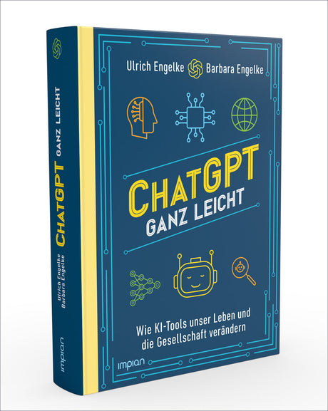 Buchcover mit Titel "ChatGPT ganz leicht" und Untertitel, Autoren Ulrich und Barbara Engelke, mit digitalen Icons.