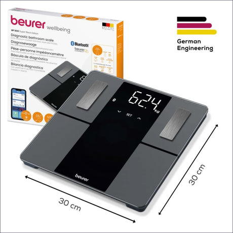 Digitale Personenwaage mit Edelstahl-Design, Bluetooth, Verpackung im Hintergrund.