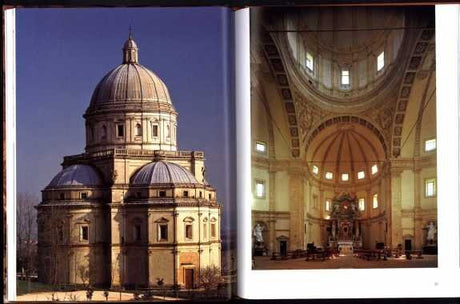 Zwei Bilder: links eine barocke Kirche mit Kuppel, rechts die Innenseite einer großen Kirche mit Kuppel und Altar.