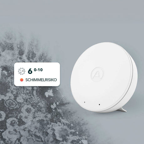 Smarter Luftqualitätsmesser zeigt 6/10, geringes Schimmelrisiko, vor frostigem Hintergrund.
