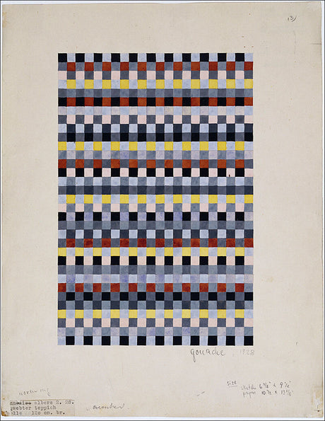 Muster aus bunten, kleinen Quadraten in horizontalen Reihen, in Rot, Schwarz, Blau, Gelb, Grau und Weiß.