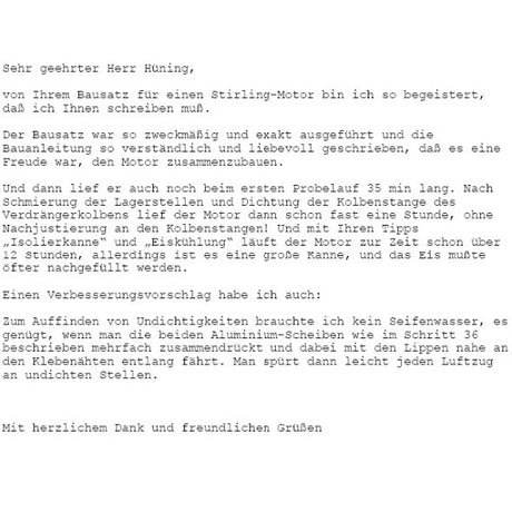 Screenshot eines Briefs mit Text über den Bau und Test eines Stirling-Motors, inklusive Tipps zur Behebung von Undichtigkeiten.