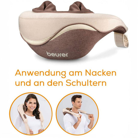 Beurer Nacken- und Schulter-Massagegerät, Anwendung am Nacken und an den Schultern, mit Bildern einer Frau und eines Mannes.