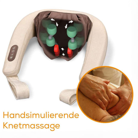 Massagegerät mit rotierenden Köpfen und Handmassage, Text: "Handsimulierte Knetmassage".