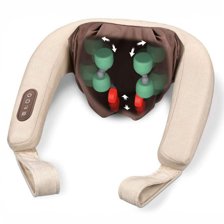 Massagegerät mit beweglichen Massageköpfen und Steuerung an der Seite, auf einem beige Sitz.