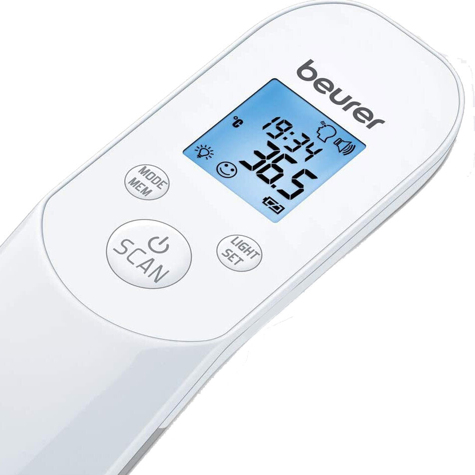 Digitales Thermometer mit blauer Anzeige, zeigt 25,5°C, Uhrzeit 19:33, Symbole für Sonne, Smiley, Wetter, und Alarm.