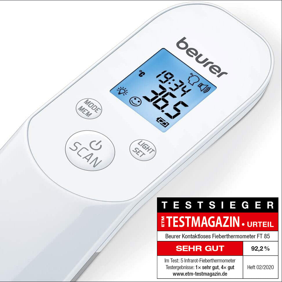 Digital Fieberthermometer mit blauer Anzeige, zeigt 36,5°C.